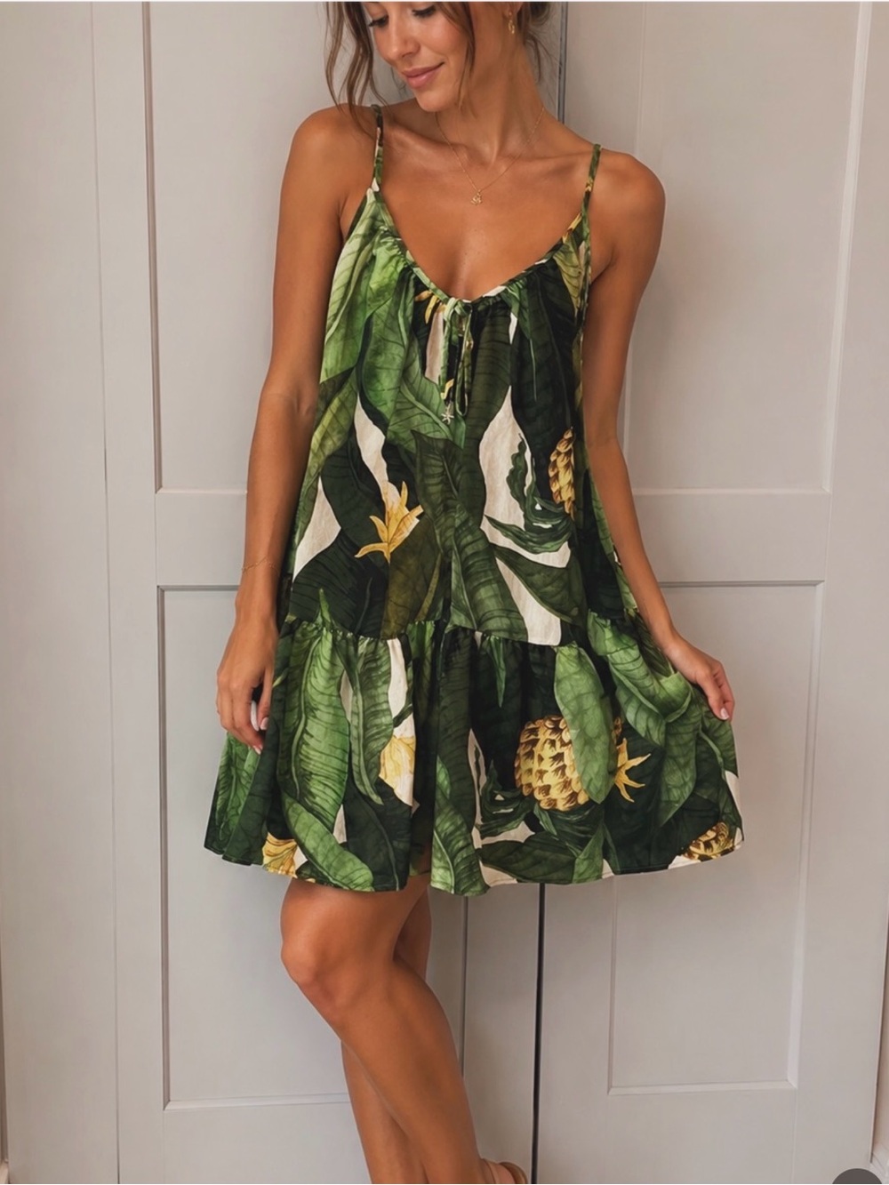 RARE H&M Tropical Leaf Print Cami Dress Green Palm Print Flowy Mini Sundress S